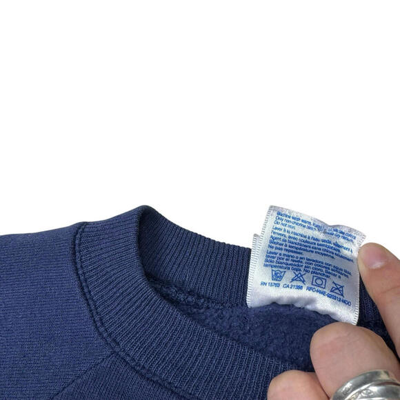 VTG Hanes USA Crewneck Sweatshirt Navy Blue Spellout Fleece Made In USA 90s Sz L - Picture 4 of 7